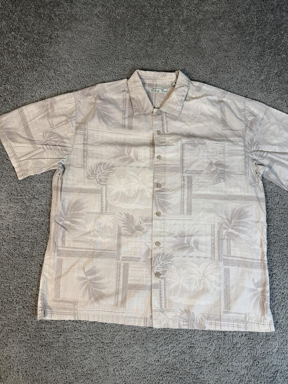 Batik Bay Shirt Mens 2XL Beige Short Sleeve Button Up Floral Lightweight Cotton